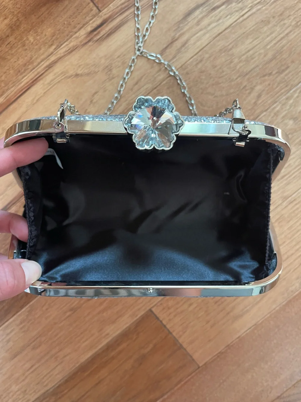 Silver Glitter Rhinestone Crystal Clutch Evening Bag Chain Strap